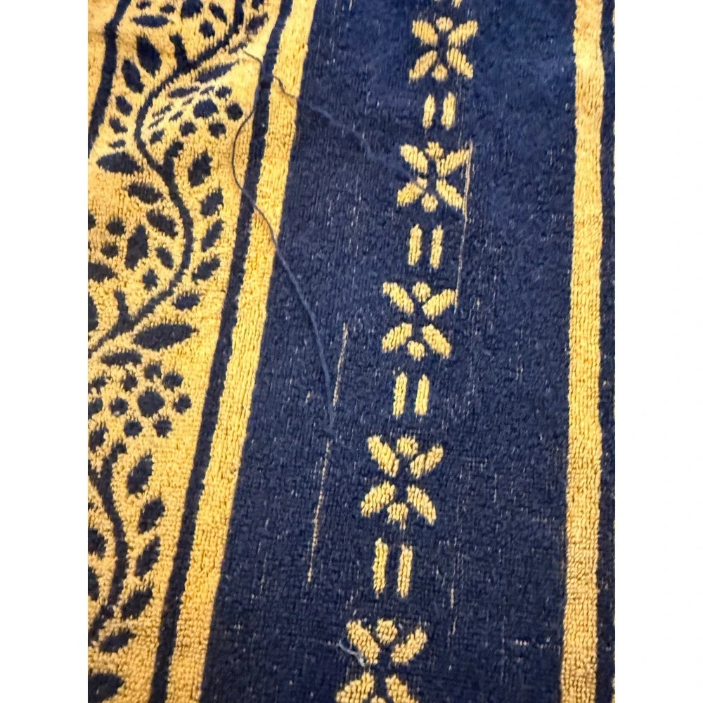 Vintage Martex Bath Towel Yellow Navy Blue Floral Reversible Fringe 100% Cotton